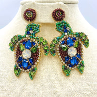 Sea Turtle Seed Bead Earrings in Gold or Green Color - Beaded (1.75x3in)