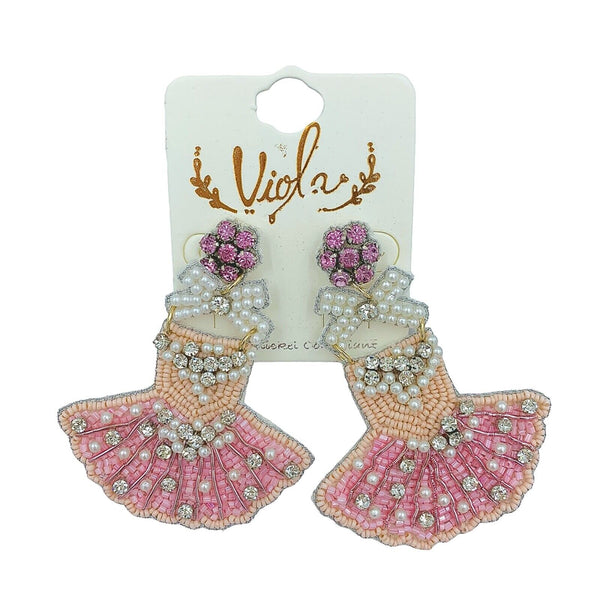 Pink Ballerina Tutu Dress Seed Bead Earrings - Beaded (2.75x2in)