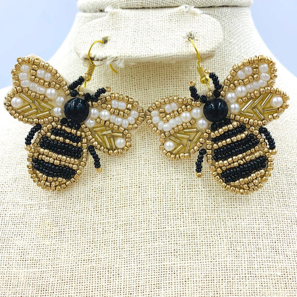 Bumble Bee Pearl Wings Seed Bead Earrings - Beaded (1.75x2.25in)