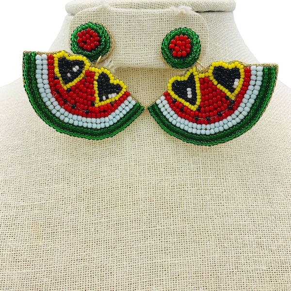 Watermelon Wearing Sunglasses Seed Bead Earrings - Beaded (2.0Wx1.75Lin)