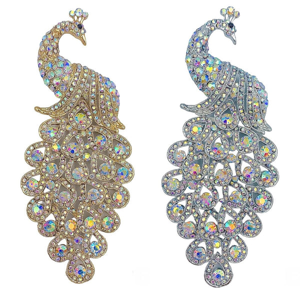 5 Inch Tall Rhinestone Peacock Brooch Pin - Available 6 Colors (2x5in)
