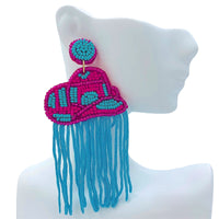 Cowboy Hat Tassel Beaded Earrings (1.75x5in)