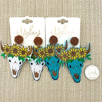 Seed Bead Sunflower Longhorn Earrings in 2 Colors (2x2.5in)