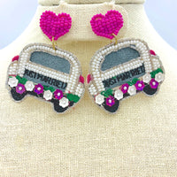 "Just Married" Car Seed Bead Earrings - Wedding, Newlyweds (2x2in)