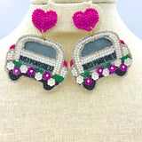 "Just Married" Car Seed Bead Earrings - Wedding, Newlyweds (2x2in)