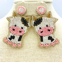 Cow Seed Bead Earrings - Beaded, Caricature, Cartoon, Viola (1.5x2.5in)