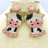 Cow Seed Bead Earrings - Beaded, Caricature, Cartoon, Viola (1.5x2.5in)