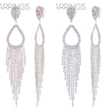 Rhinestone Teardrop Fringe Clip On Earrings in Silver or Gold (1.08x5.75in)