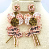Beaded Happy Birthday Balloons Earrings in Black or Pink (1.5x3.5in)