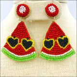Watermelon Wearing Sunglasses Seed Bead Earrings - Beaded (2.25Wx1.75Lin)