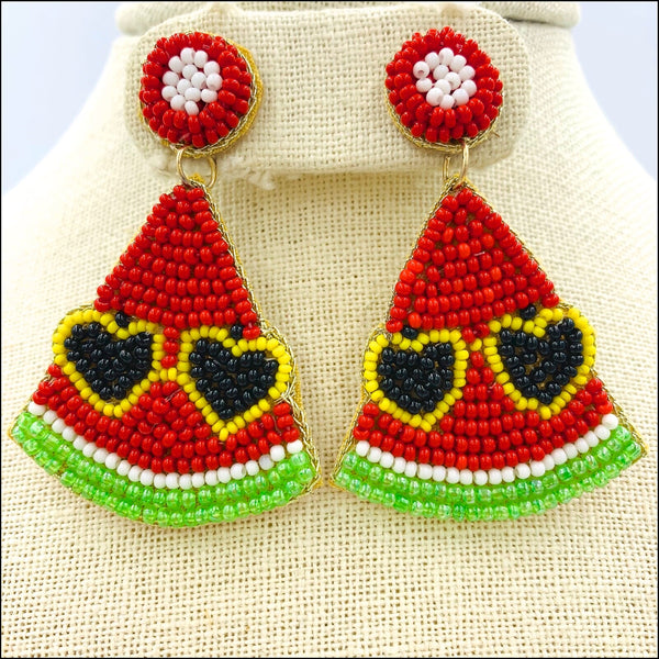 Watermelon Wearing Sunglasses Seed Bead Earrings - Beaded (2.25Wx1.75Lin)