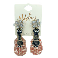Guitar Seed Bead Dangle Earrings in Gold or Pink (1x2.75in)