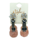 Guitar Seed Bead Dangle Earrings in Gold or Pink (1x2.75in)