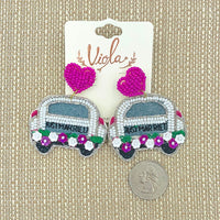 "Just Married" Car Seed Bead Earrings - Wedding, Newlyweds (2x2in)
