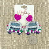"Just Married" Car Seed Bead Earrings - Wedding, Newlyweds (2x2in)