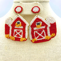 Red Barn Beaded Earrings - Farm & Country Theme