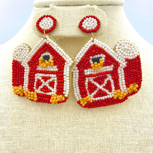 Red Barn Beaded Earrings - Farm & Country Theme