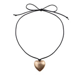 Puffy Heart Black Cord Necklace in Silver or Gold (37in)(1.4x1.5in)