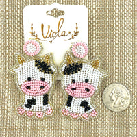 Cow Seed Bead Earrings - Beaded, Caricature, Cartoon, Viola (1.5x2.5in)