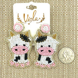 Cow Seed Bead Earrings - Beaded, Caricature, Cartoon, Viola (1.5x2.5in)