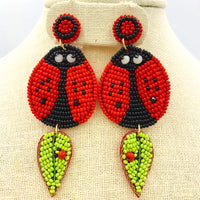 Red Ladybug Seed Bead Dangle Earrings (3.5x1.5in)