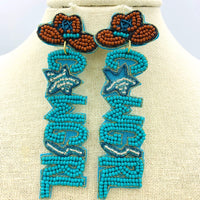 "COWGIRL" Rodeo Western Theme Beaded Earrings in 3 Colors (1.25x3.5in)