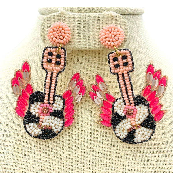 Pink Guitar & Angel Wings Seed Bead Earrings (1.75x2.5in)