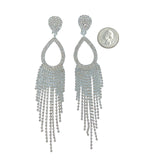 Rhinestone Teardrop Fringe Clip On Earrings in Silver or Gold (1.08x5.75in)