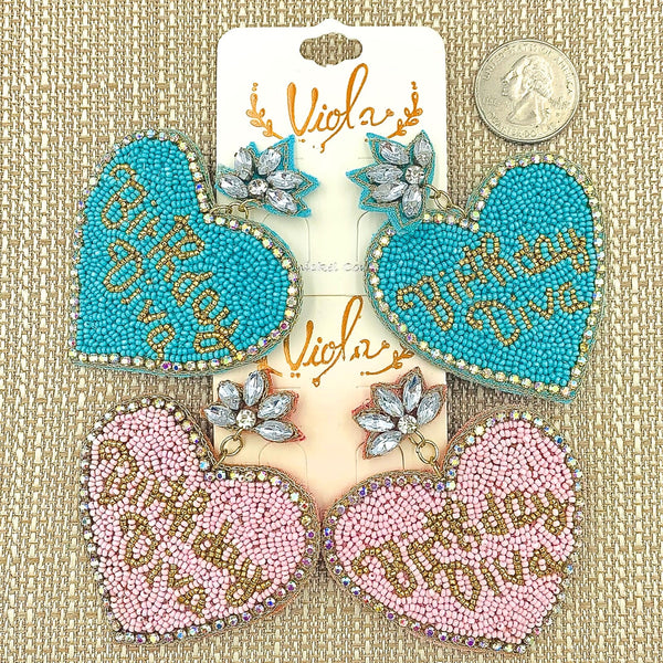 Birthday Diva Seed Bead Heart Earrings in Pink or Turquoise (2.25x2.75in)