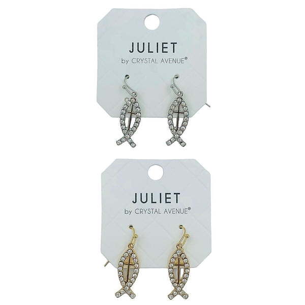 Cross Jesus Fish Earrings in Silver or Gold Tone (0.3x1.47in)