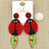 Red Ladybug Seed Bead Dangle Earrings (3.5x1.5in)