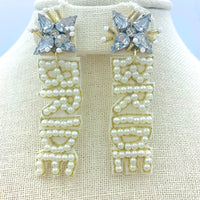 "BRIDE" Pearl Seed Bead Wedding Earrings - Beaded (0.75x2.5in)