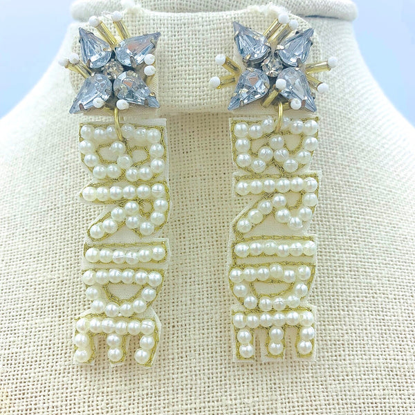 "BRIDE" Pearl Seed Bead Wedding Earrings - Beaded (0.75x2.5in)
