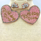 Birthday Diva Seed Bead Heart Earrings in Pink or Turquoise (2.25x2.75in)