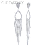 Rhinestone Teardrop Fringe Clip On Earrings in Silver or Gold (1.08x5.75in)