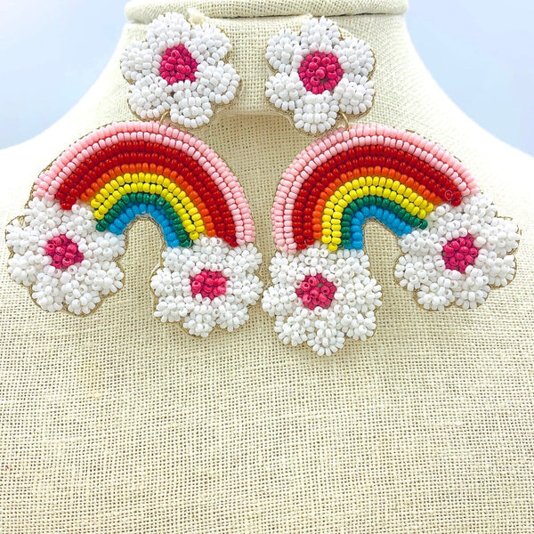 Rainbow Flower Seed Bead Earrings (2.25x2.75in)