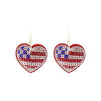 Patriotic USA Flag Themed Suede Heart Shaped Dangle Earrings (1.5x2in)