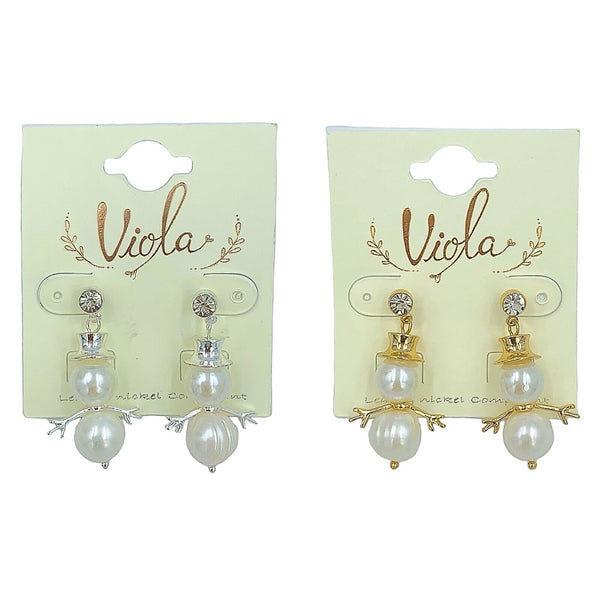 Freshwater Pearl Snowman Christmas Earrings in Silver or Gold (0.75x1.5in)