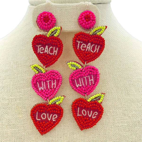 Teach With Love Apple Seed Bead Earrings - School, Teacher, Beaded (1x3.5in)