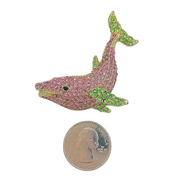 Pink & Green Crystal Studded Whale Pin (2x2in)