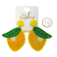 Lemon Seed Bead Earrings - Beaded, Fruit, Viola (2x3in)