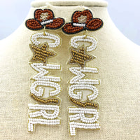 "COWGIRL" Rodeo Western Theme Beaded Earrings in 3 Colors (1.25x3.5in)