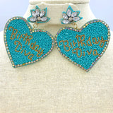 Birthday Diva Seed Bead Heart Earrings in Pink or Turquoise (2.25x2.75in)