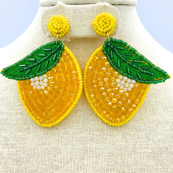 Lemon Seed Bead Earrings - Beaded, Fruit, Viola (2x3in)