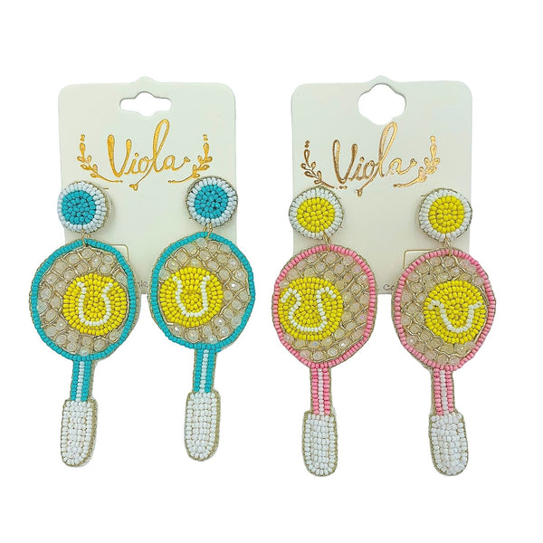 Tennis Racquet & Ball Seed Bead Earrings - Beaded (1.25x3in)
