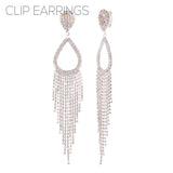 Rhinestone Teardrop Fringe Clip On Earrings in Silver or Gold (1.08x5.75in)