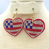 Patriotic USA Flag Themed Suede Heart Shaped Dangle Earrings (1.5x2in)
