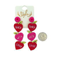 Teach With Love Apple Seed Bead Earrings - School, Teacher, Beaded (1x3.5in)
