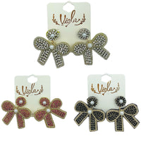 Ribbon Bow Crystal & Pearl Seed Bead Earrings in 3 Colors - Beaded (1.75x1.75in)