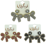 Ribbon Bow Crystal & Pearl Seed Bead Earrings in 3 Colors - Beaded (1.75x1.75in)